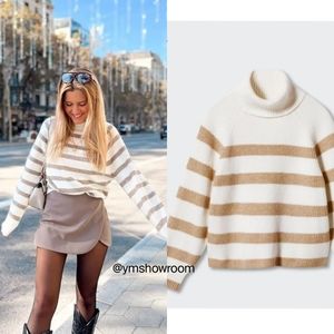 Mango White and Tan Striped Sweater